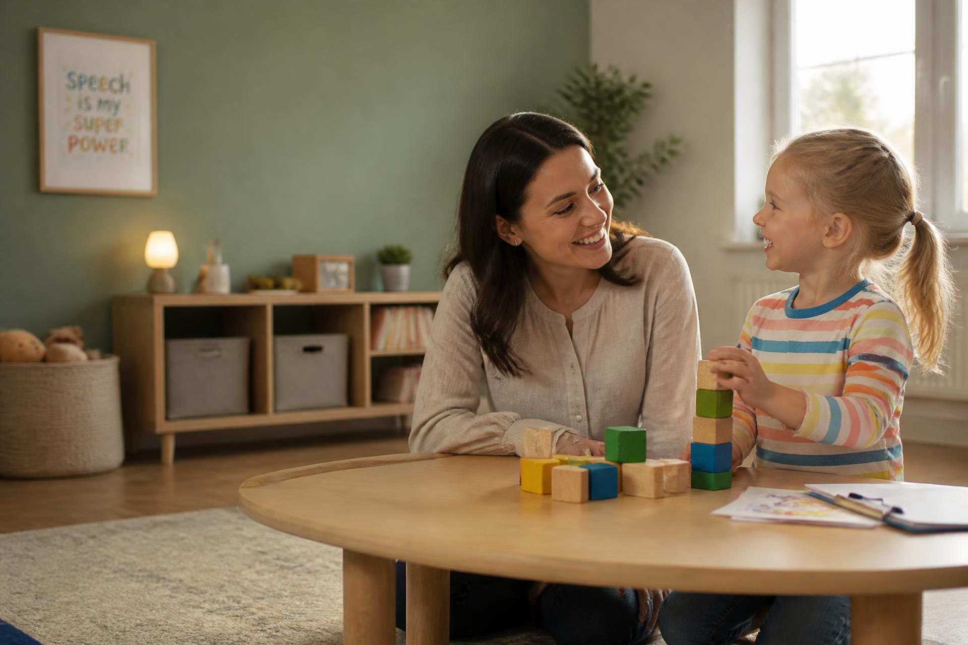A speech therapist and a young child laughing together while stacking wooden blocks