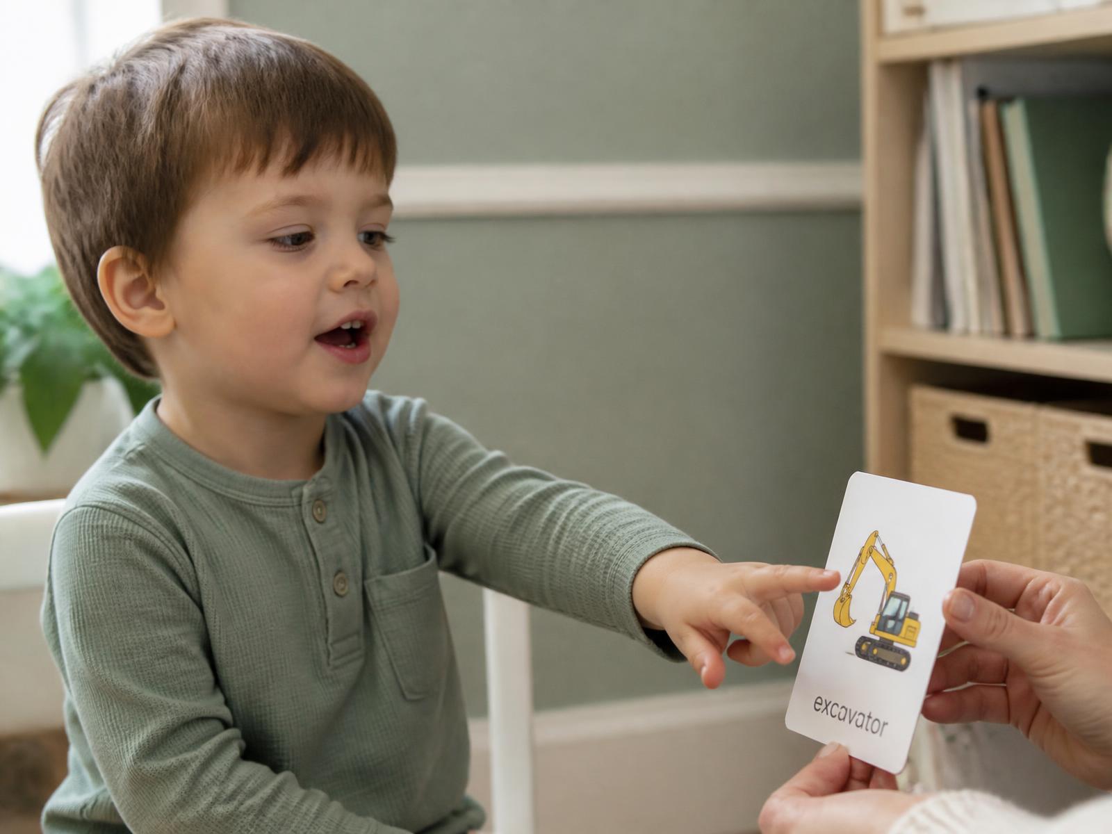 A young child pointing at a picture card during a speech therapy session